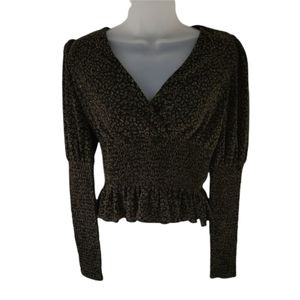 AQUA Black Gold Elastic Shirring Details V‎ neck Cropped Blouse Top XS